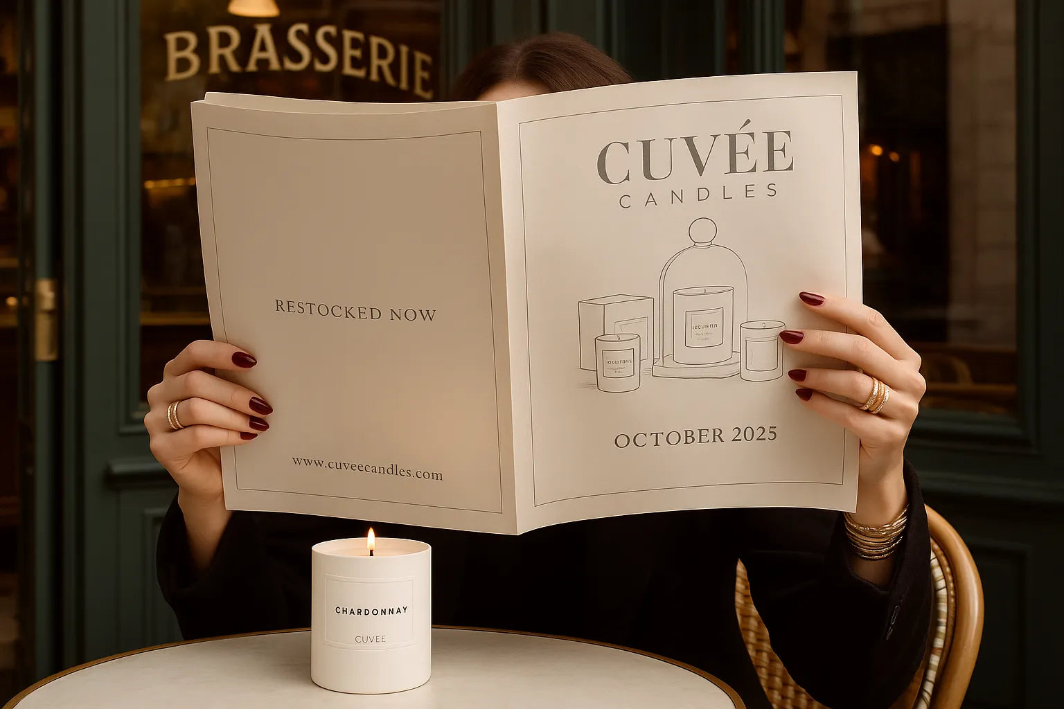 Newspaper held by woman at bistro table with a candle