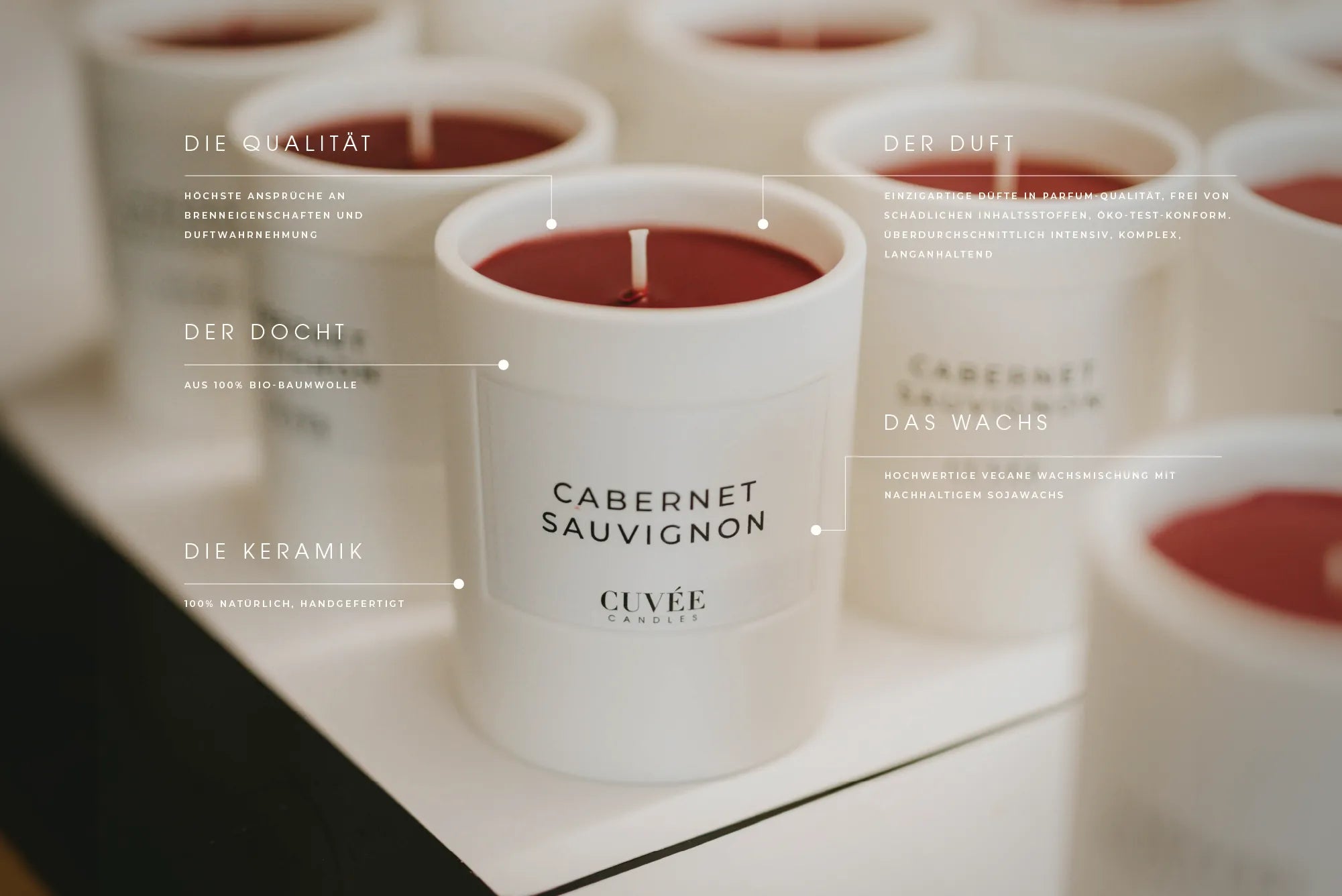 Cuvée Candles Duftkerzen Keramik hochwertige Kerzen Sojawachs vegan RAL-Qualitätsstandardkerze Öko-Test-konform Bio-Baumwolldocht handgemacht handgegossen hergestellt in Europa Düsseldorf 60 Stunden Brenndauer