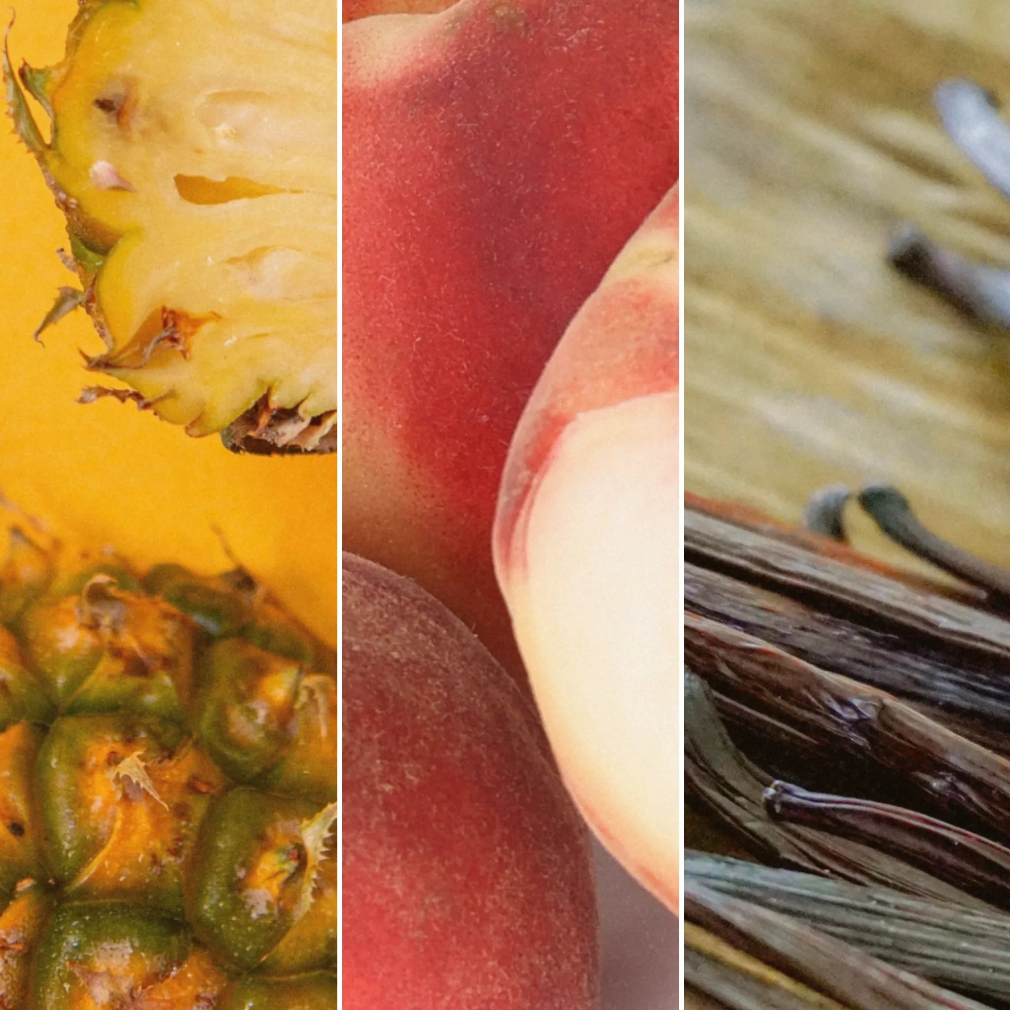 CUVÉE CANDLES Detailaufnahme Ananas, Pfirsich und Vanilleschote